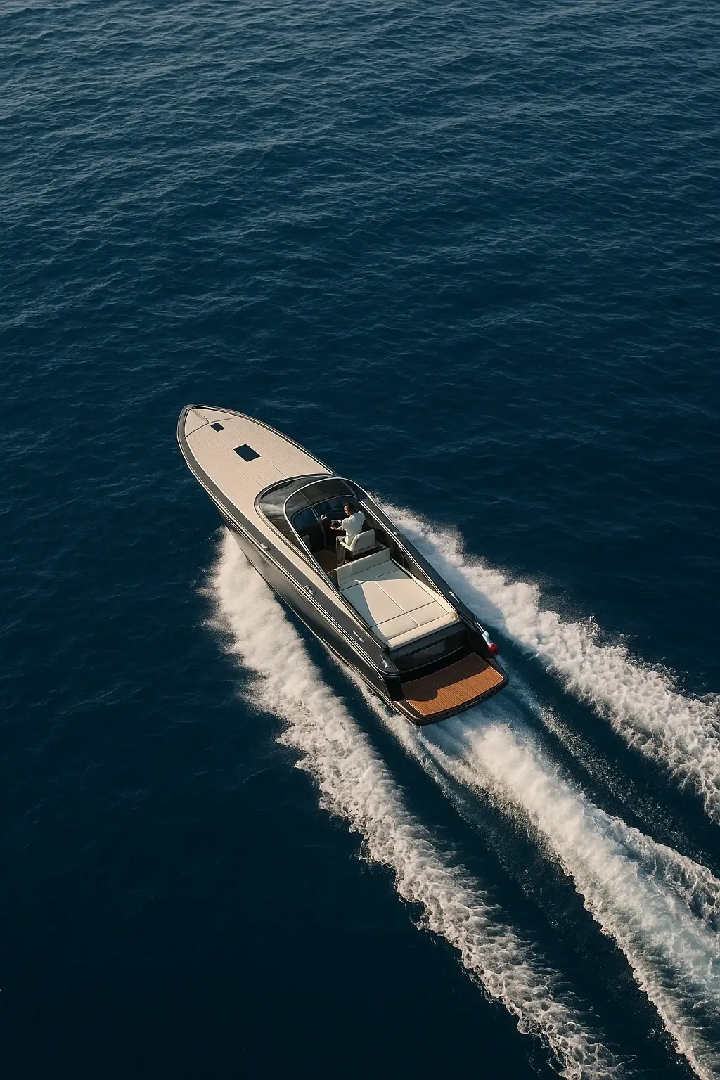 Luxury speedboat cruising on open blue sea – symbol of freedom and international mobility