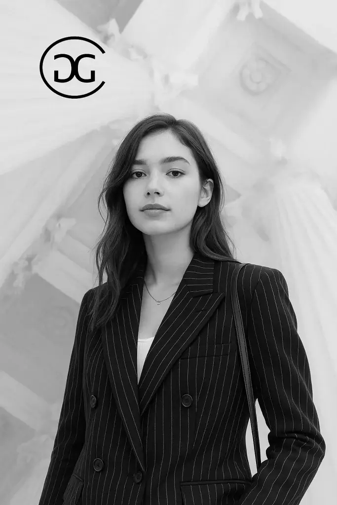 Confident woman in pinstripe blazer with DG logo in architectural setting