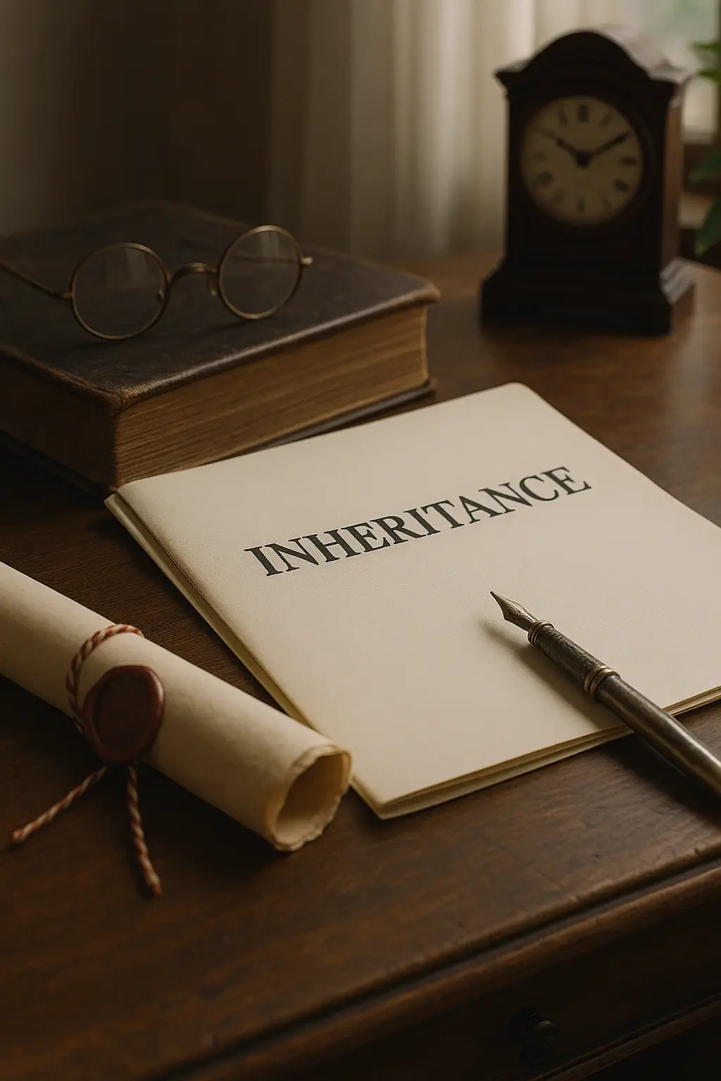 Inheritance document with fountain pen, sealed scroll, antique clock, and book on wooden desk