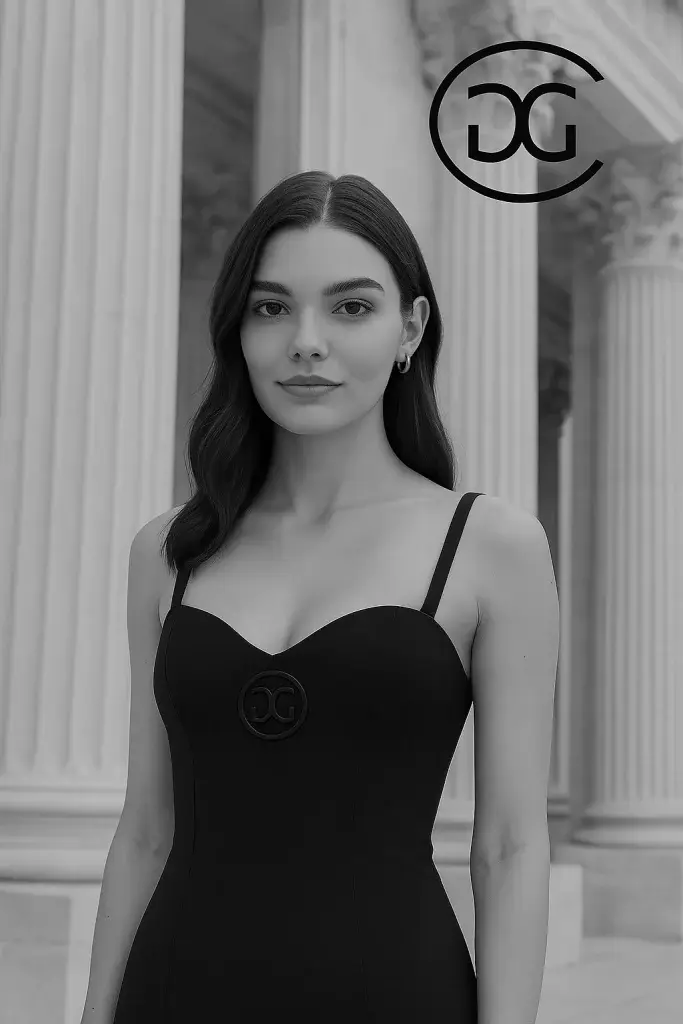 Elegant woman in black dress with GG logo in front of classical courthouse columns