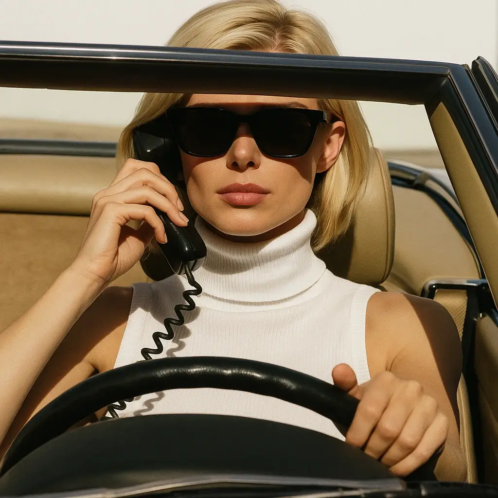 Stylish woman in convertible car making a phone call, symbolizing mobility and international legal service