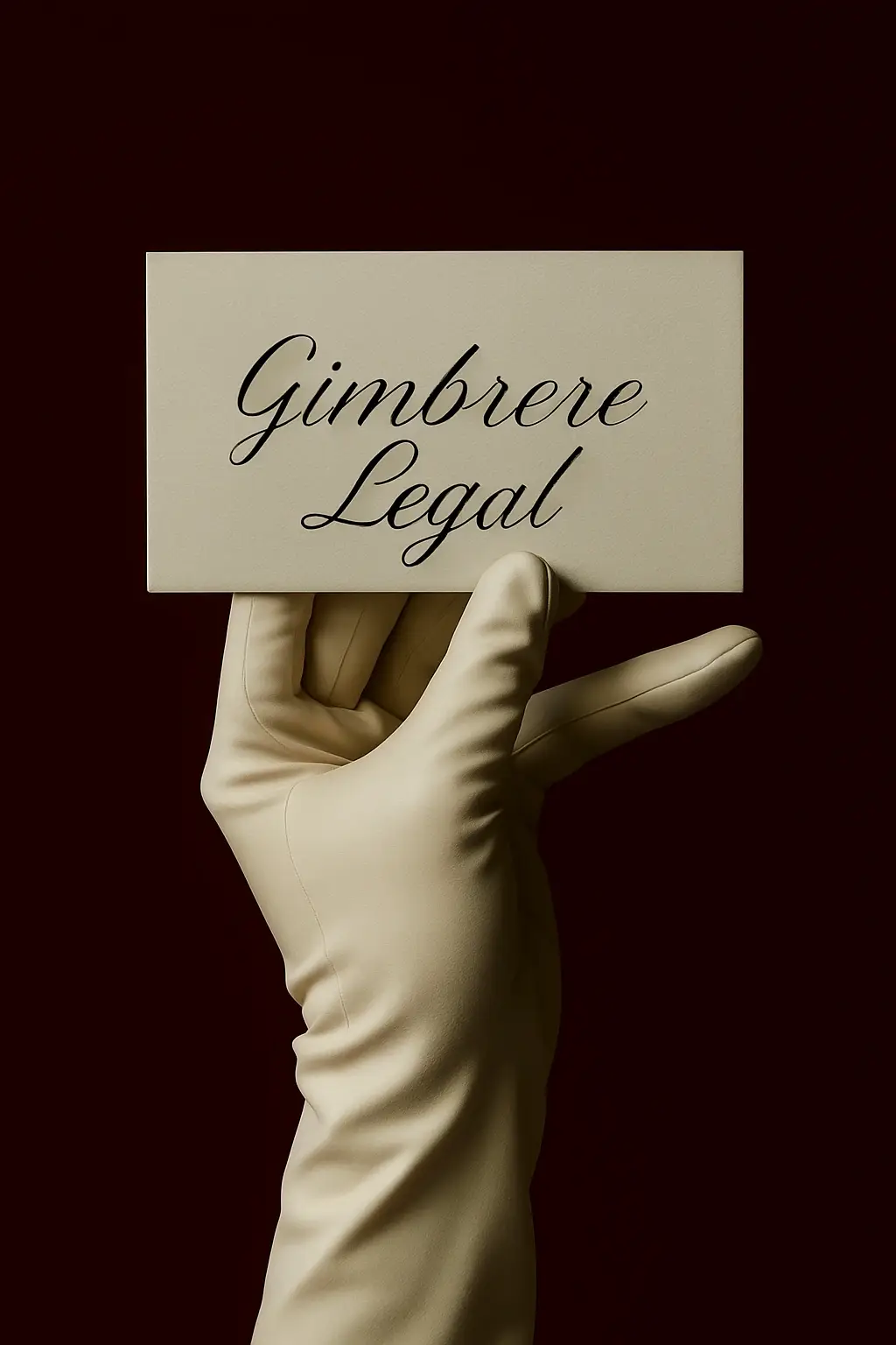 Gloved hand holding an elegant cream-colored card with the text “GIMBRERE LEGAL” in stylish script against a dark background.