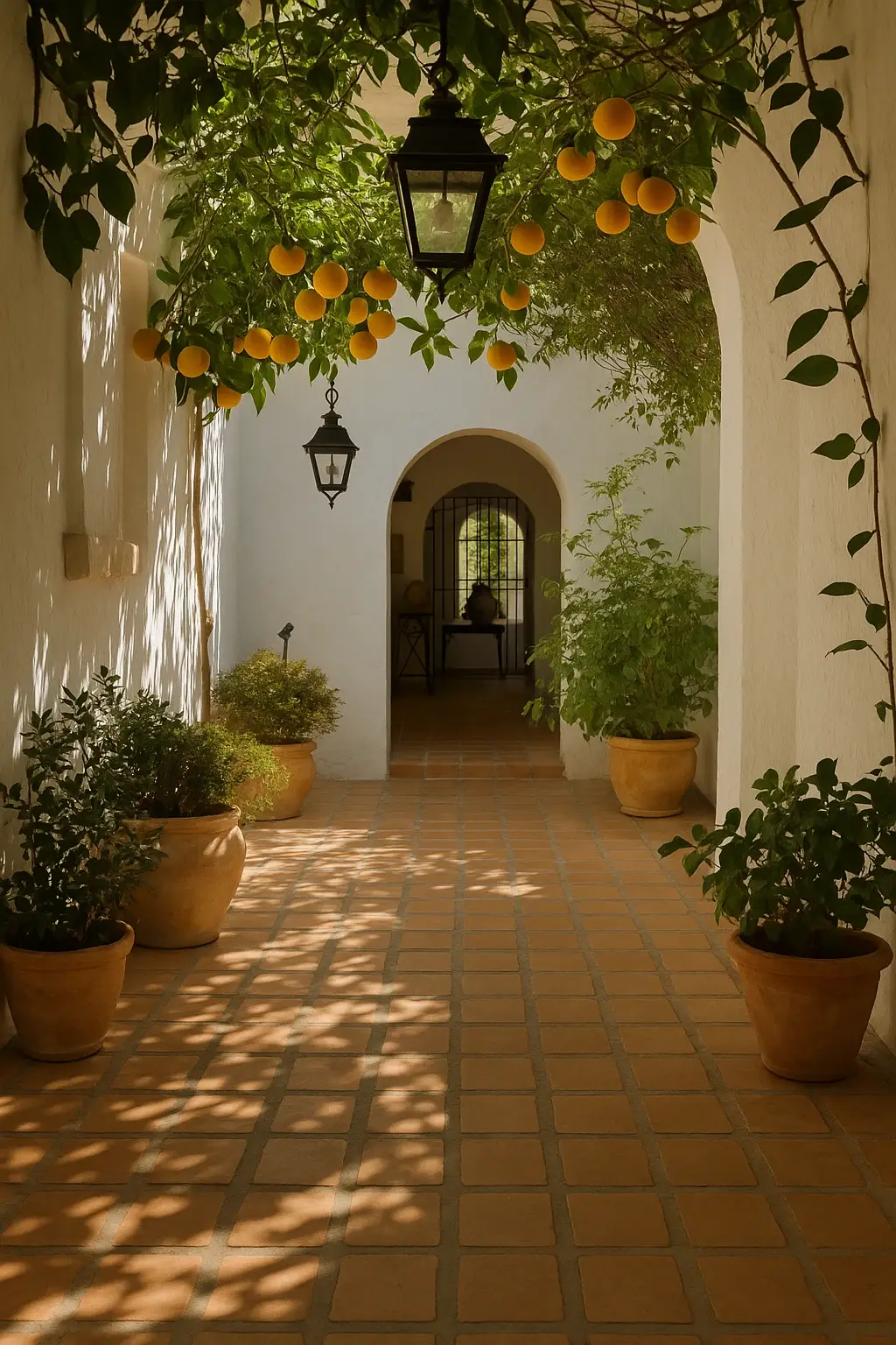Spanish courtyard with terracotta tiles, white arches, potted plants, and hanging orange trees, symbolizing Mediterranean lifestyle and real estate in Spain.