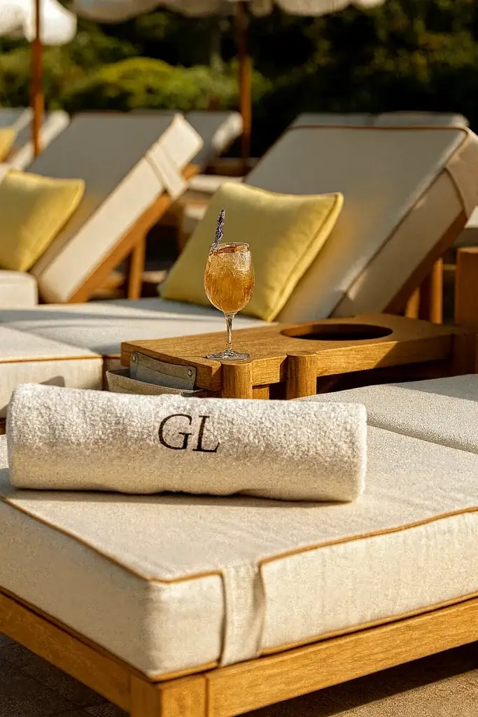 Luxury poolside sunbeds with embroidered GL towel and cocktail, symbolizing premium lifestyle and trusted legal services by Gimbrere Legal in Spain.