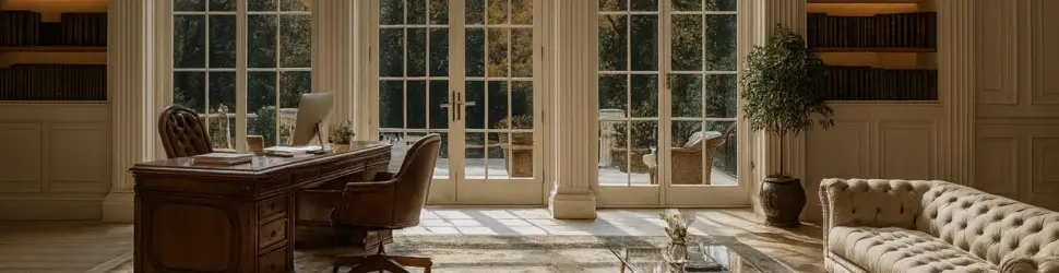 Luxurious classical law office with chandelier, arched windows, wooden desk, and bookshelves, editorial-style wide angle.