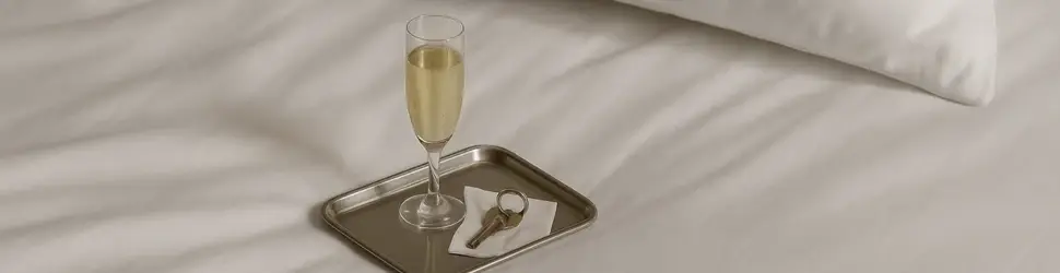 Champagne glass and house keys on a silver tray placed on white bedding, symbolizing new beginnings in real estate.